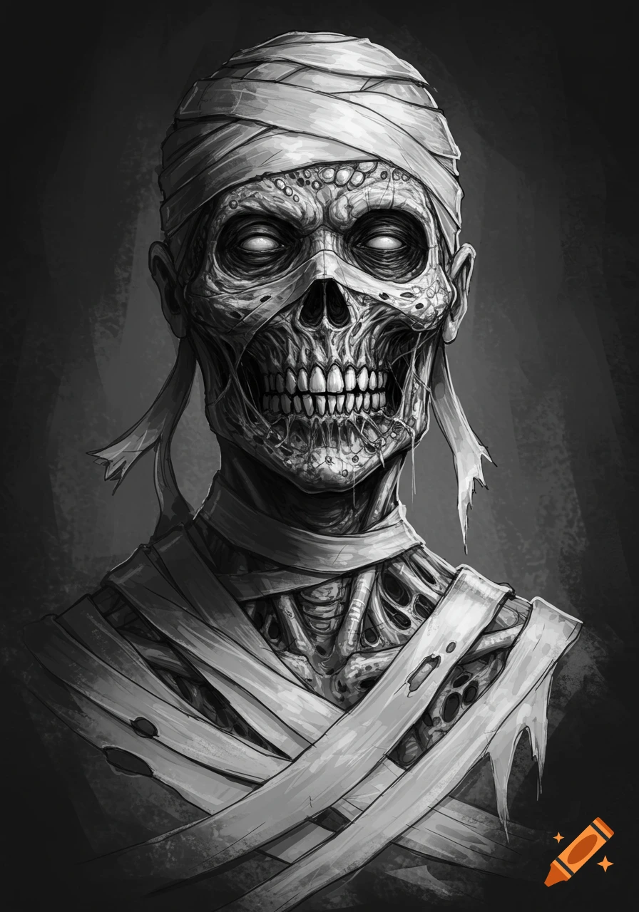Black and white sketch of a skeletal mummy creature with torn bandages and exposed bones.