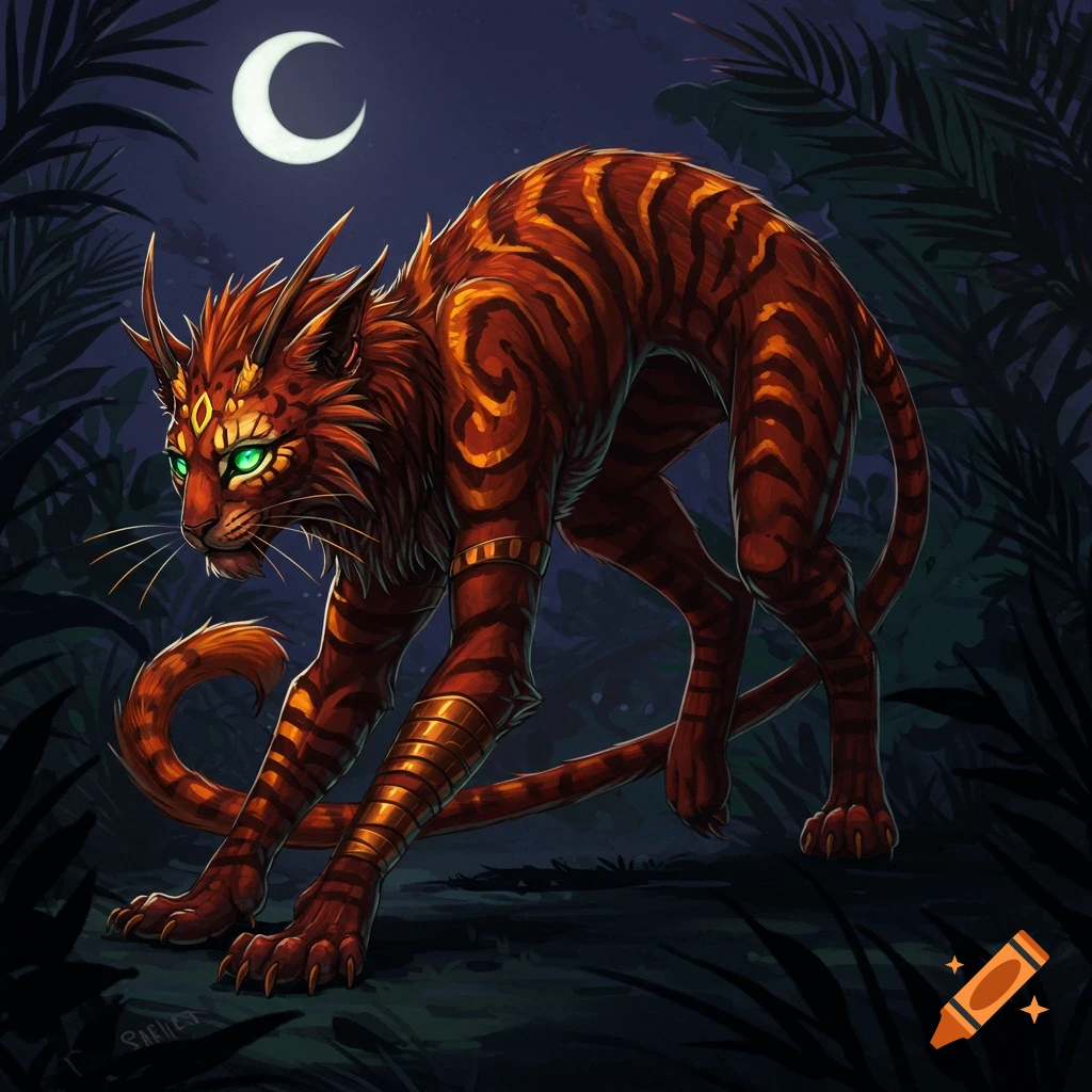 A red and orange fantasy cat-like creature with glowing green eyes and gold armbands stalks through a dark jungle under a crescent moon. Digital art.