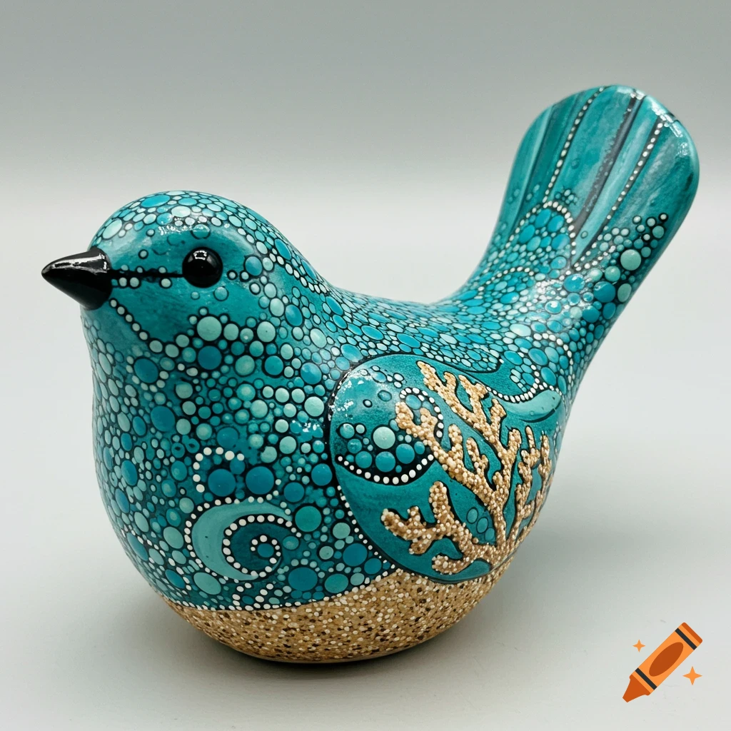 A ceramic bird figurine painted in teal, turquoise, and sand colors with dot art patterns, including coral and wave designs.