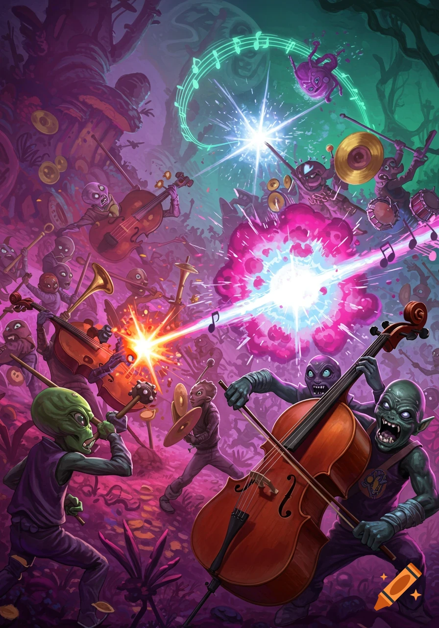 Vibrant cartoon illustration of green and purple aliens battling with musical instruments amidst glowing effects in a fantastical landscape.