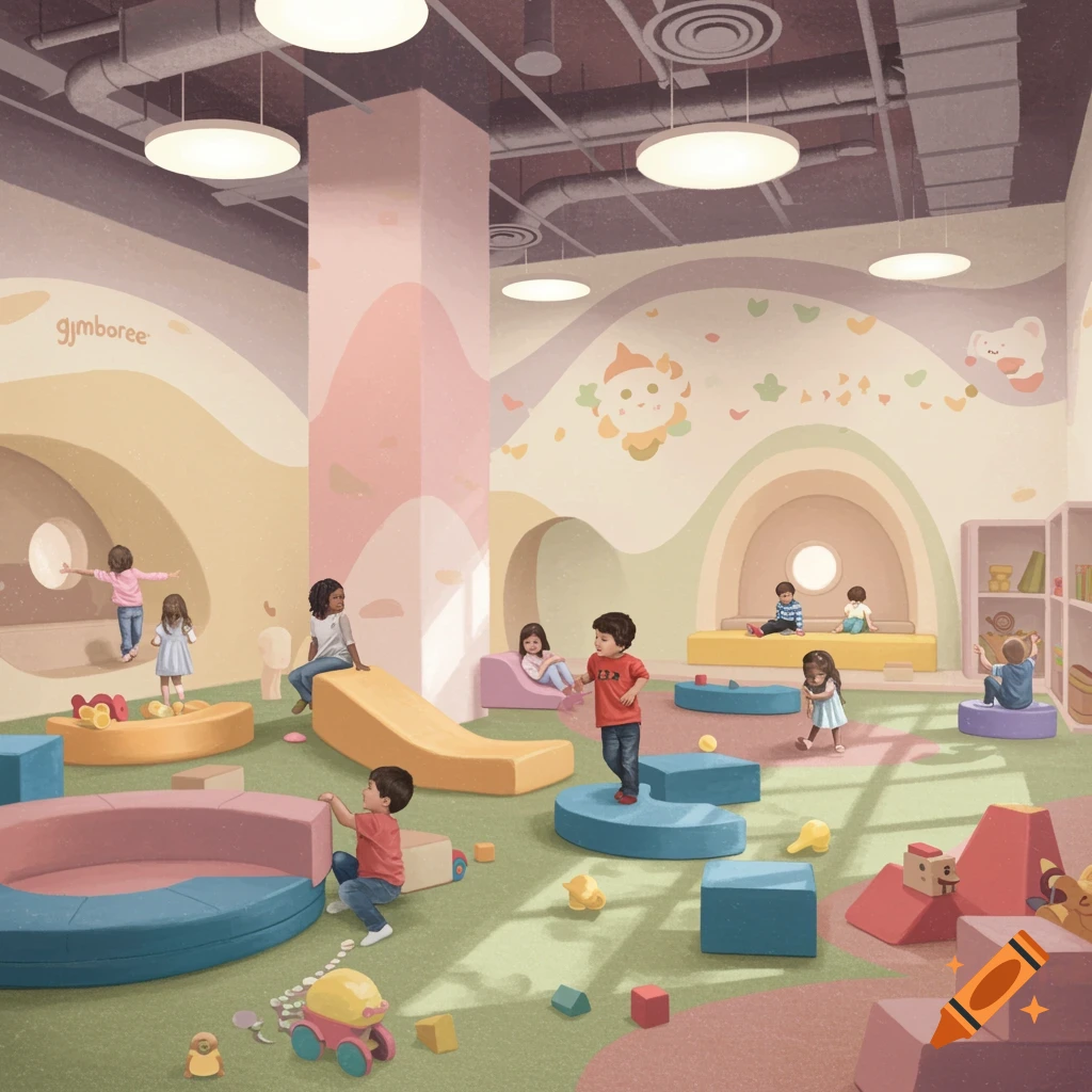 Children playing in a colorful, bright indoor play area with soft structures, slides, and toys in an illustrative style.