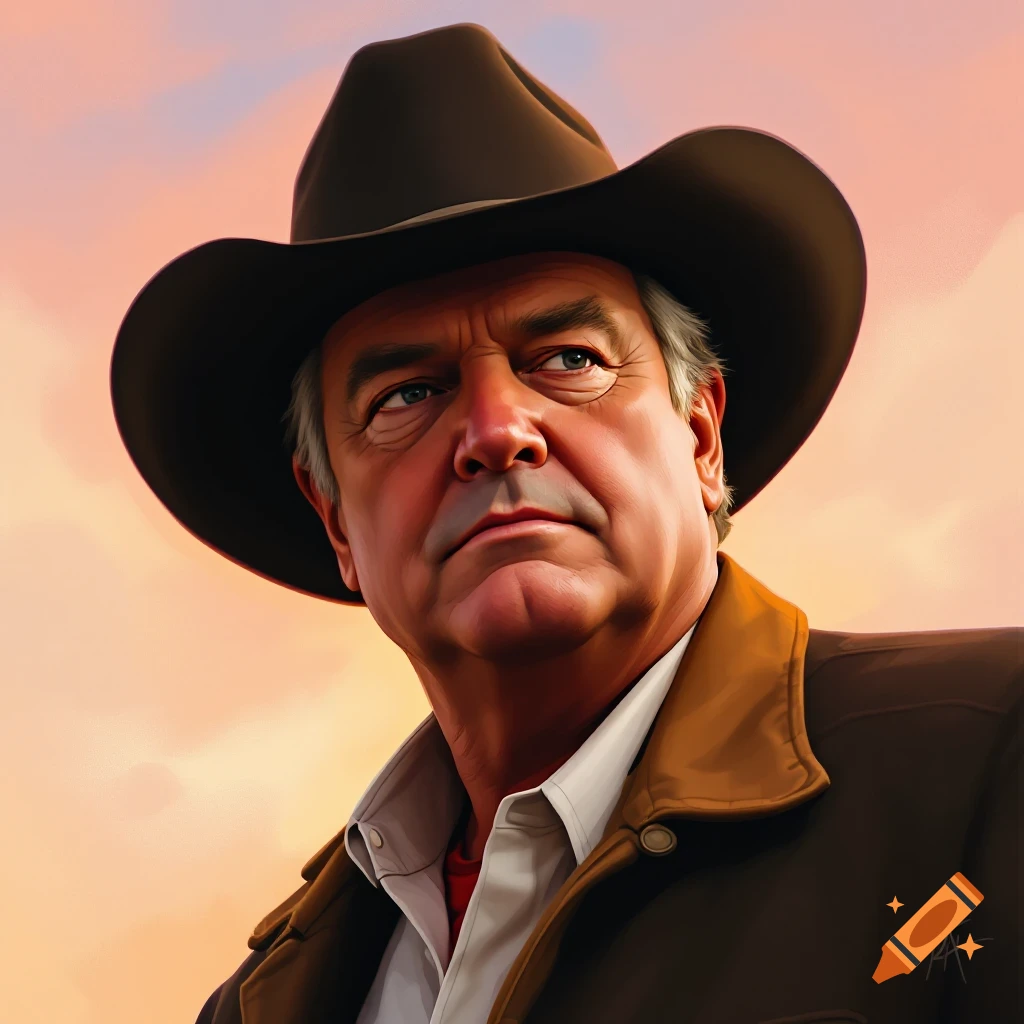 Close-up portrait of an older man with grey hair wearing a brown cowboy hat and jacket in a digital painting style, against a warm, blurred sky.