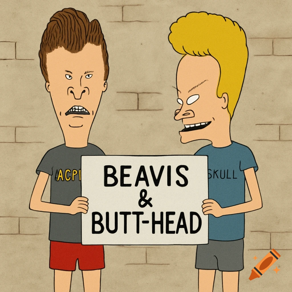 Cartoon characters Beavis and Butt-Head hold a sign that reads 'BEAVIS & BUTT-HEAD' against a brick wall.