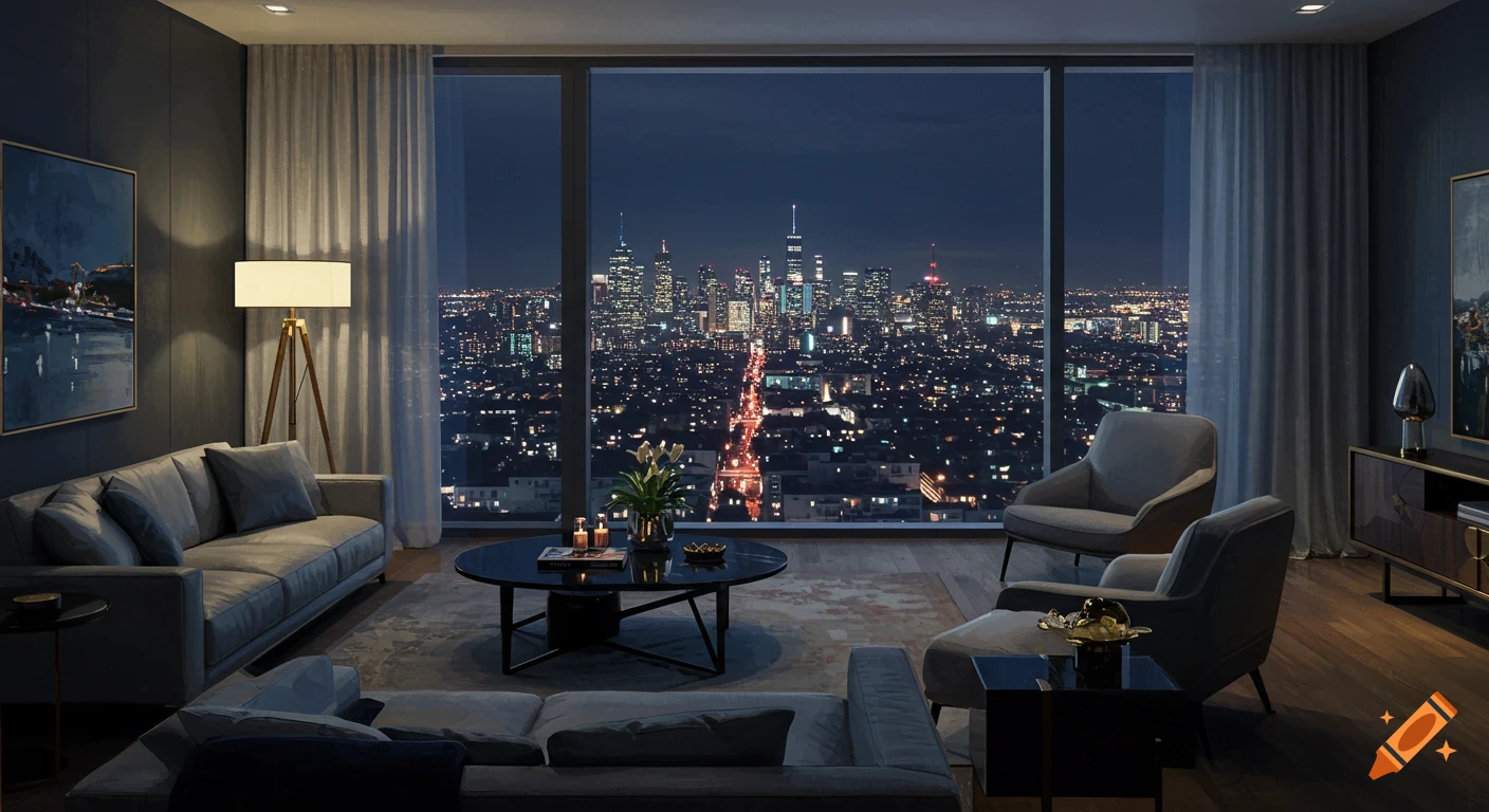 Luxurious apartment living room at night with large windows overlooking a city skyline.