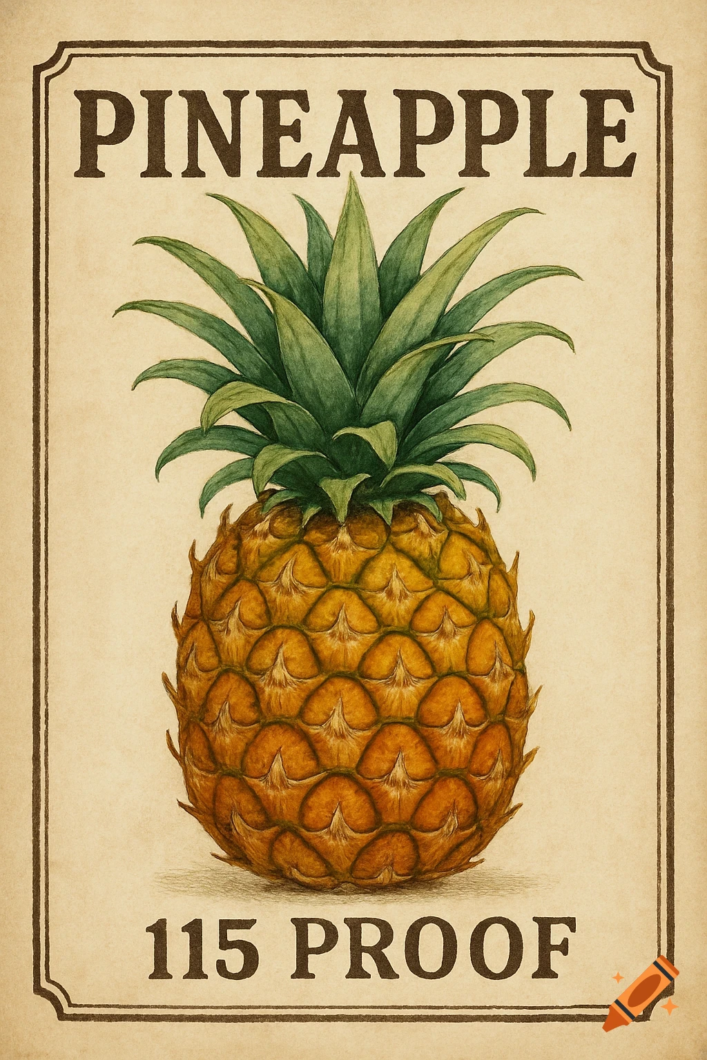 A vintage-style illustration of a pineapple on a faded label with the text "PINEAPPLE" and "115 PROOF."