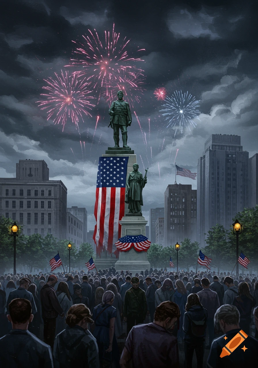 A large crowd gathers in an urban square beneath statues and fireworks, surrounded by American flags under a dark, cloudy sky.