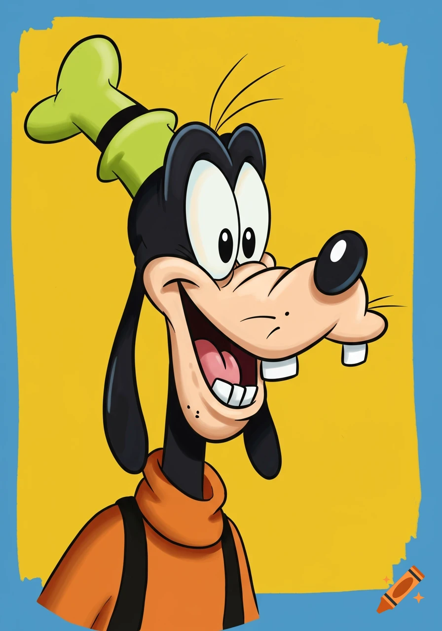 A smiling cartoon portrait of Goofy from Disney, wearing a green hat and orange shirt, on a yellow and blue background.