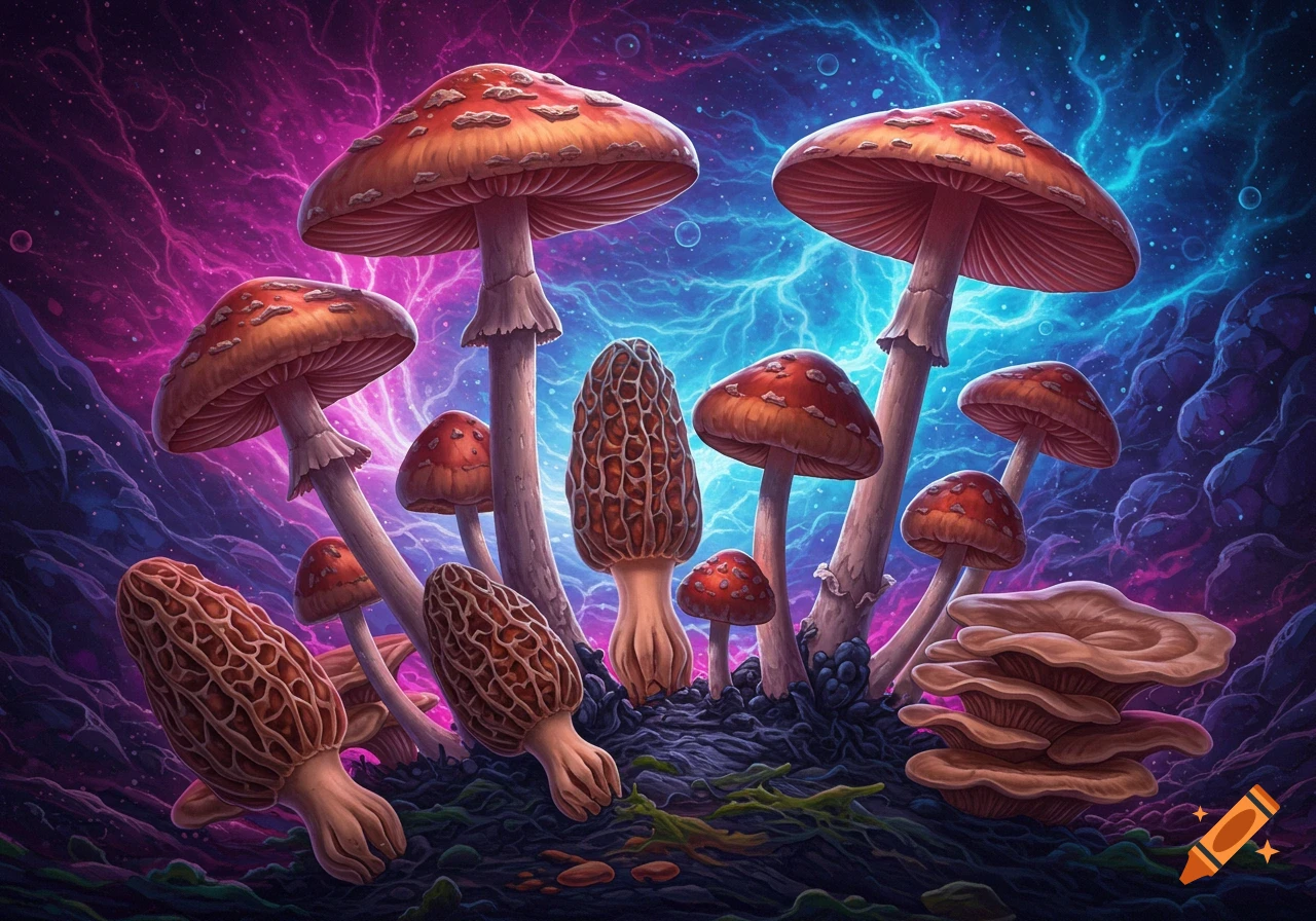 Various mushrooms, including red-capped and morel types, on dark ground against a vibrant swirling purple and blue psychedelic background.