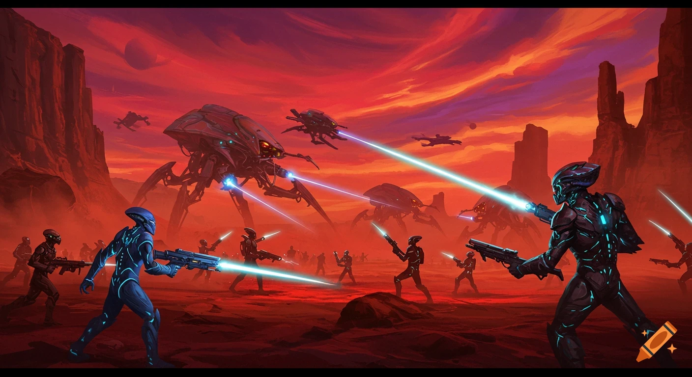An epic sci-fi illustration of an alien battle on a red planet with futuristic soldiers fighting giant spider-like machines firing laser beams.