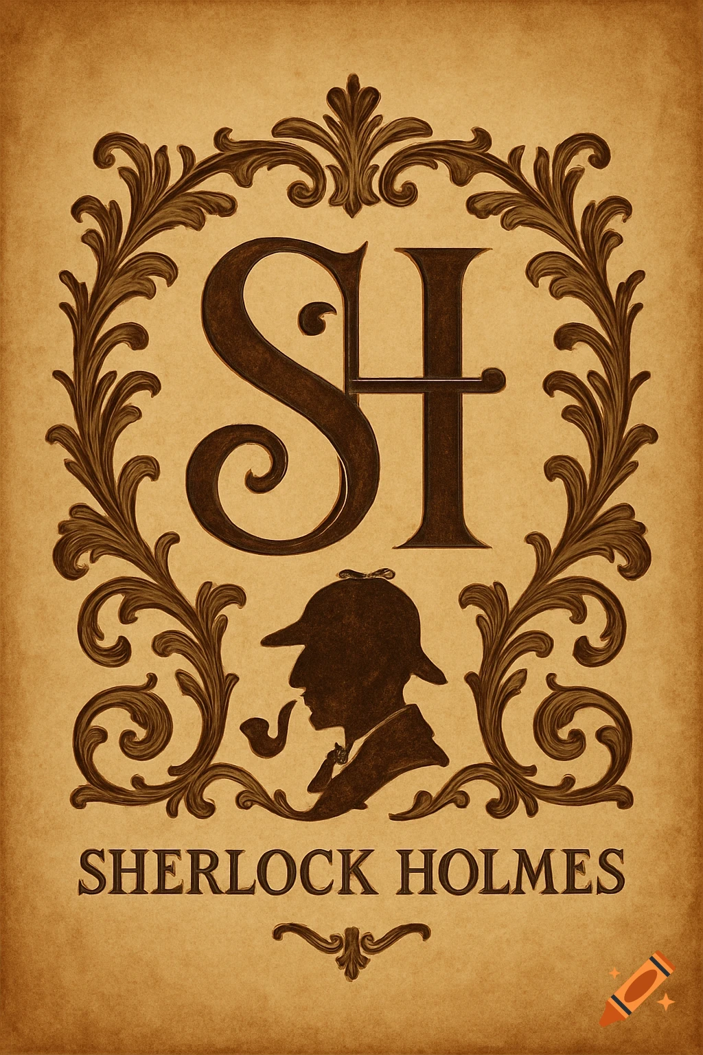 Vintage-style Sherlock Holmes monogram with 'SH' and 'SHERLOCK HOLMES' text, silhouette of a man in deerstalker hat and pipe.