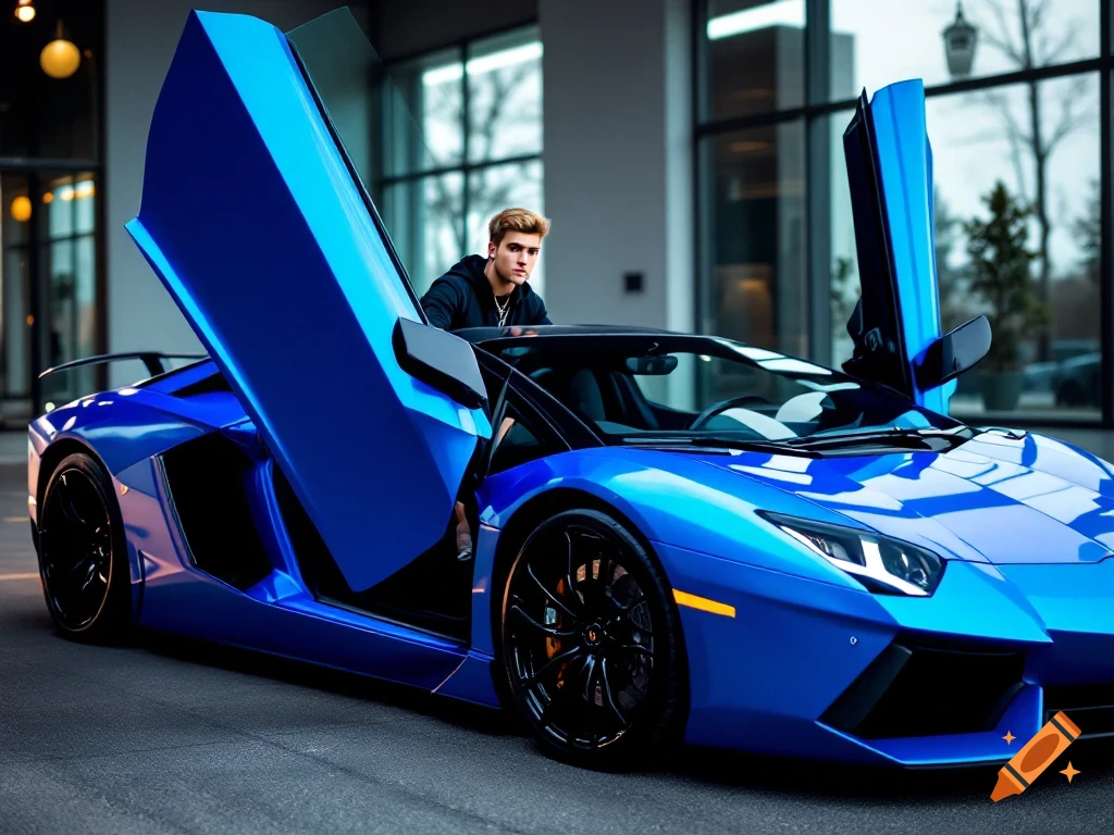 A man in a black hoodie gets out of a vibrant blue Lamborghini sports car with its unique doors open.