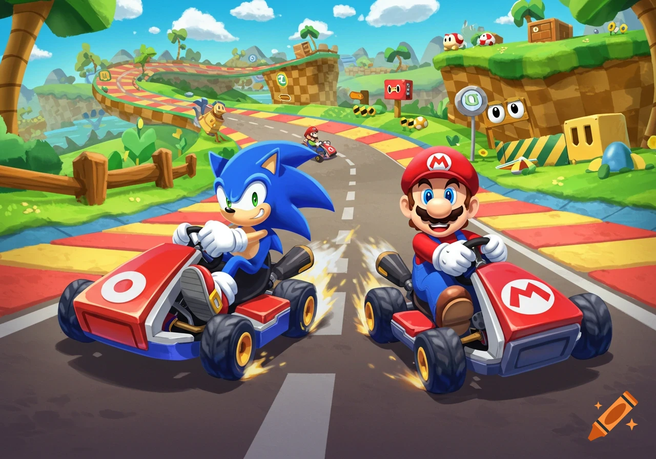 Sonic and Mario race in go-karts on a colorful cartoon track in a bright, sunny landscape.