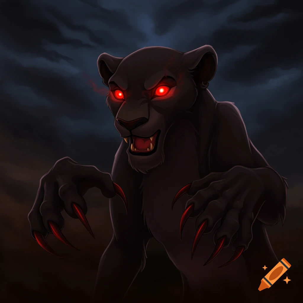 A dark, menacing, stylized black panther-like creature with glowing red eyes and sharp red claws, baring fangs against a stormy, dark sky.