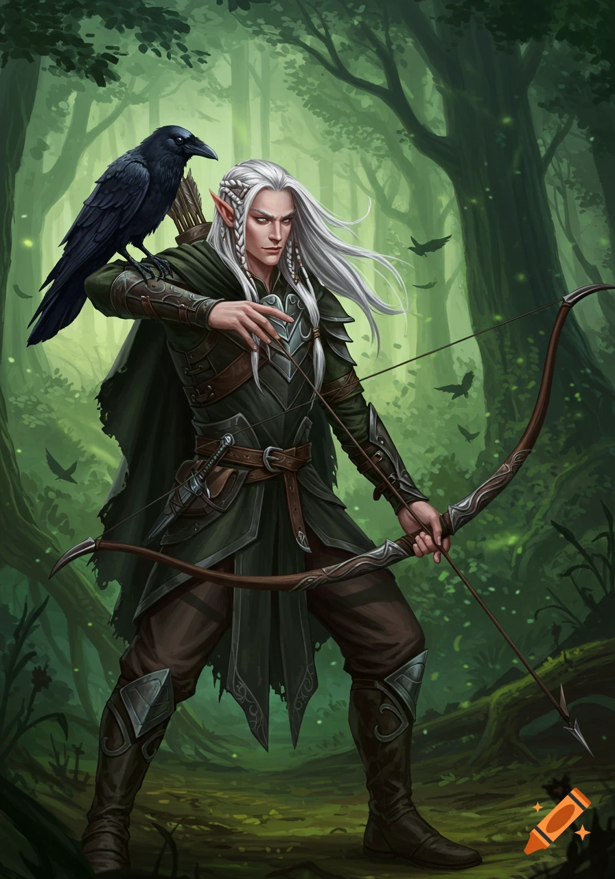 An elven male hunter with long silver hair holds a longbow, with a black crow perched on his shoulder, in a detailed forest setting.