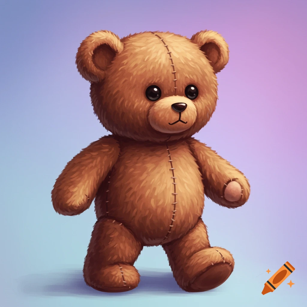 A cute, brown plush teddy bear with stitched seams and black button eyes stands on a gradient background.