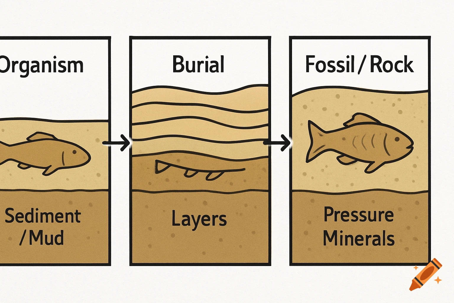 A 3-step diagram illustrating the process of fossil formation, showing an organism in sediment, its burial under layers, and finally a fossilized fish in rock.