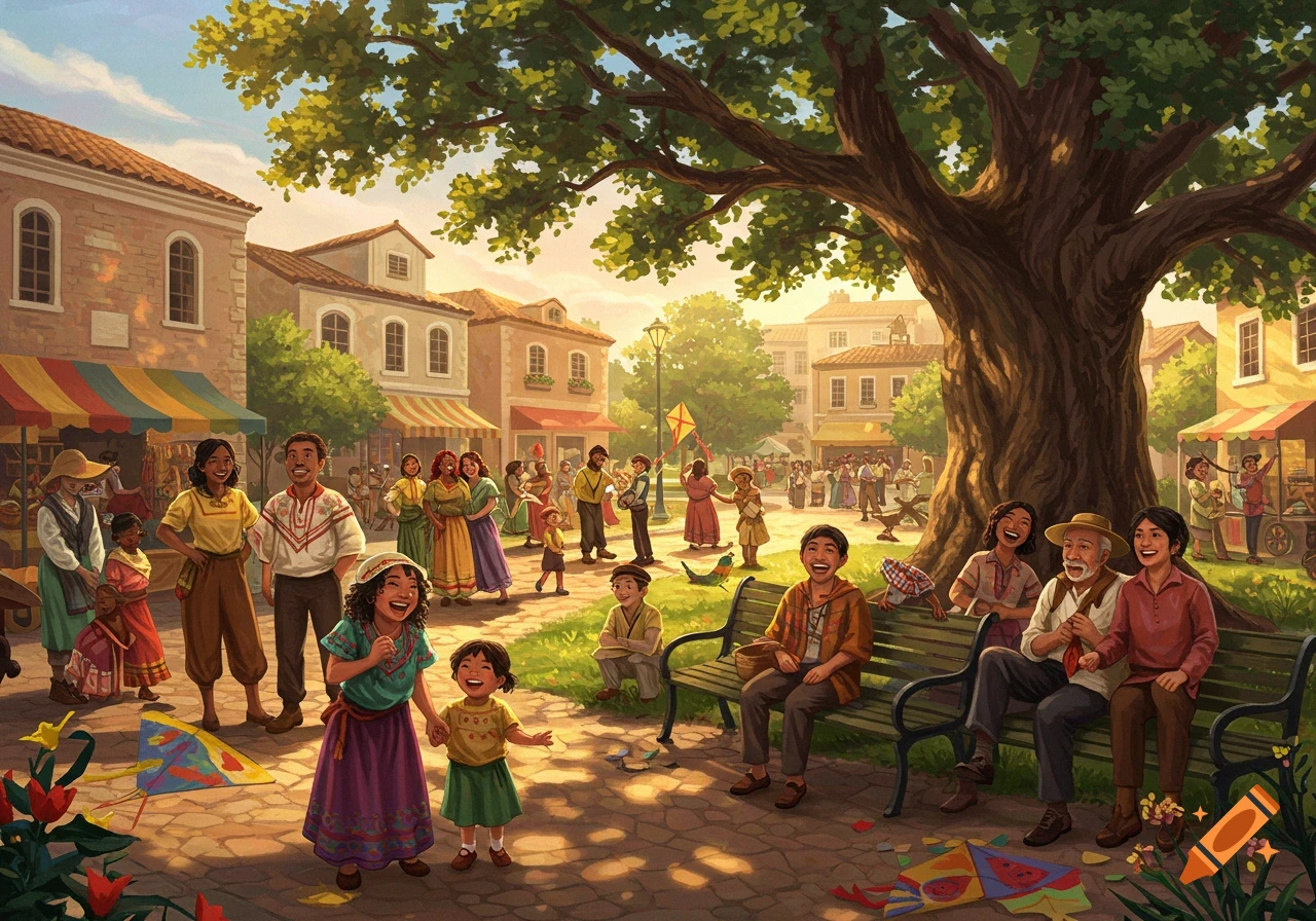 Vibrant illustration of a lively community gathering in a sunny town square, with diverse people, families, and children playing with kites.