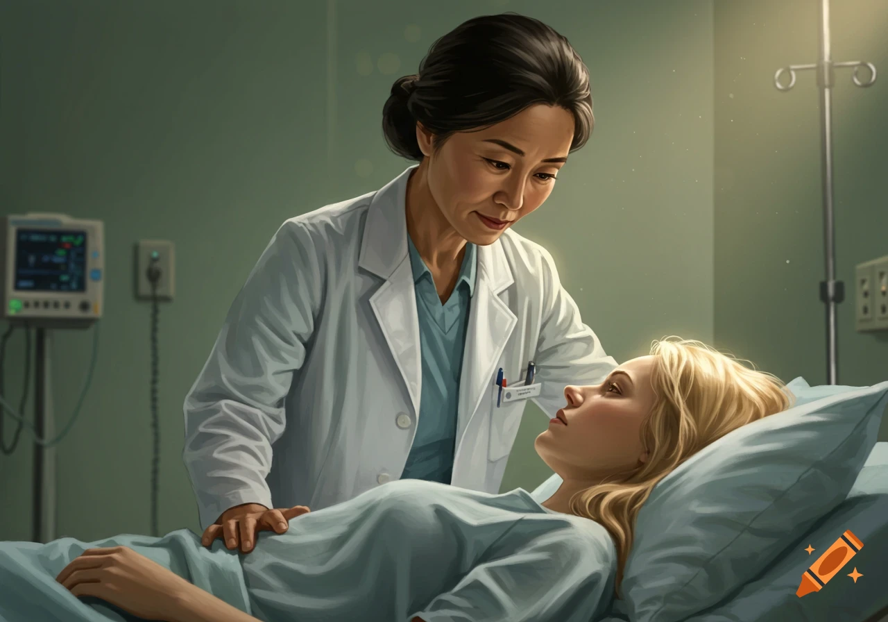 A female doctor stands over a patient lying in a hospital bed, with a medical monitor in the background. Photorealistic style.