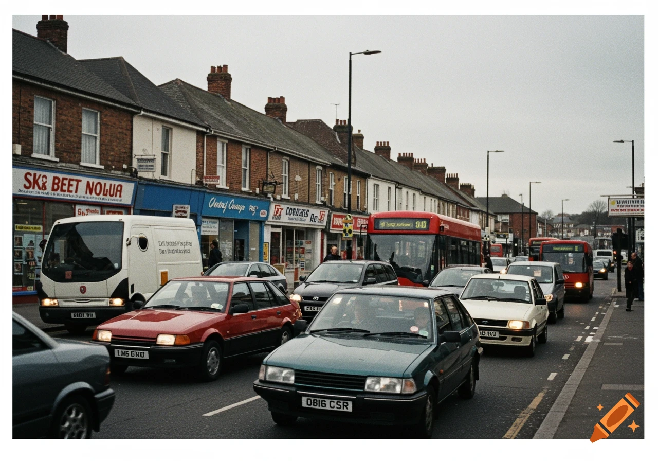 A busy street scene with multiple cars and red double-decker buses in traffic, lined by buildings with storefronts under an overcast sky.