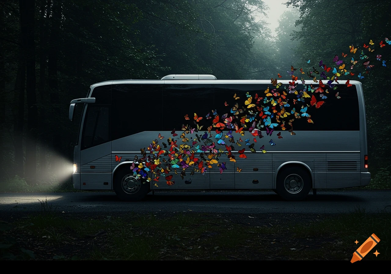 A silver bus with blacked-out windows drives through a dark forest road, as a swarm of colorful butterflies bursts from its side.