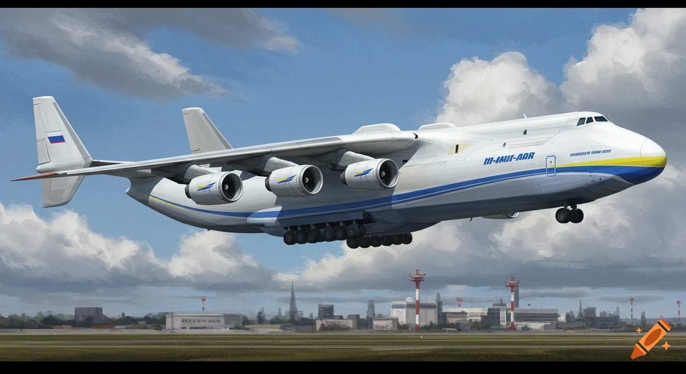 A large white and blue airplane with multiple engines and landing gear, resembling the Antonov An-225, takes off from an airport runway under a partly cloudy sky.