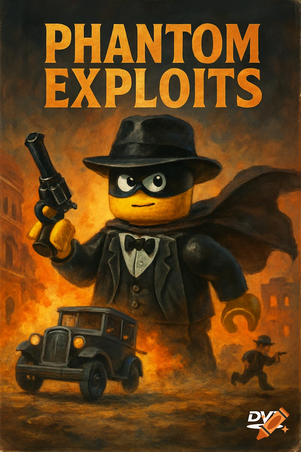 DVD cover for 'Phantom Exploits' showing a Lego detective in a fedora and mask with a gun, an old car, and burning city backdrop, painted.