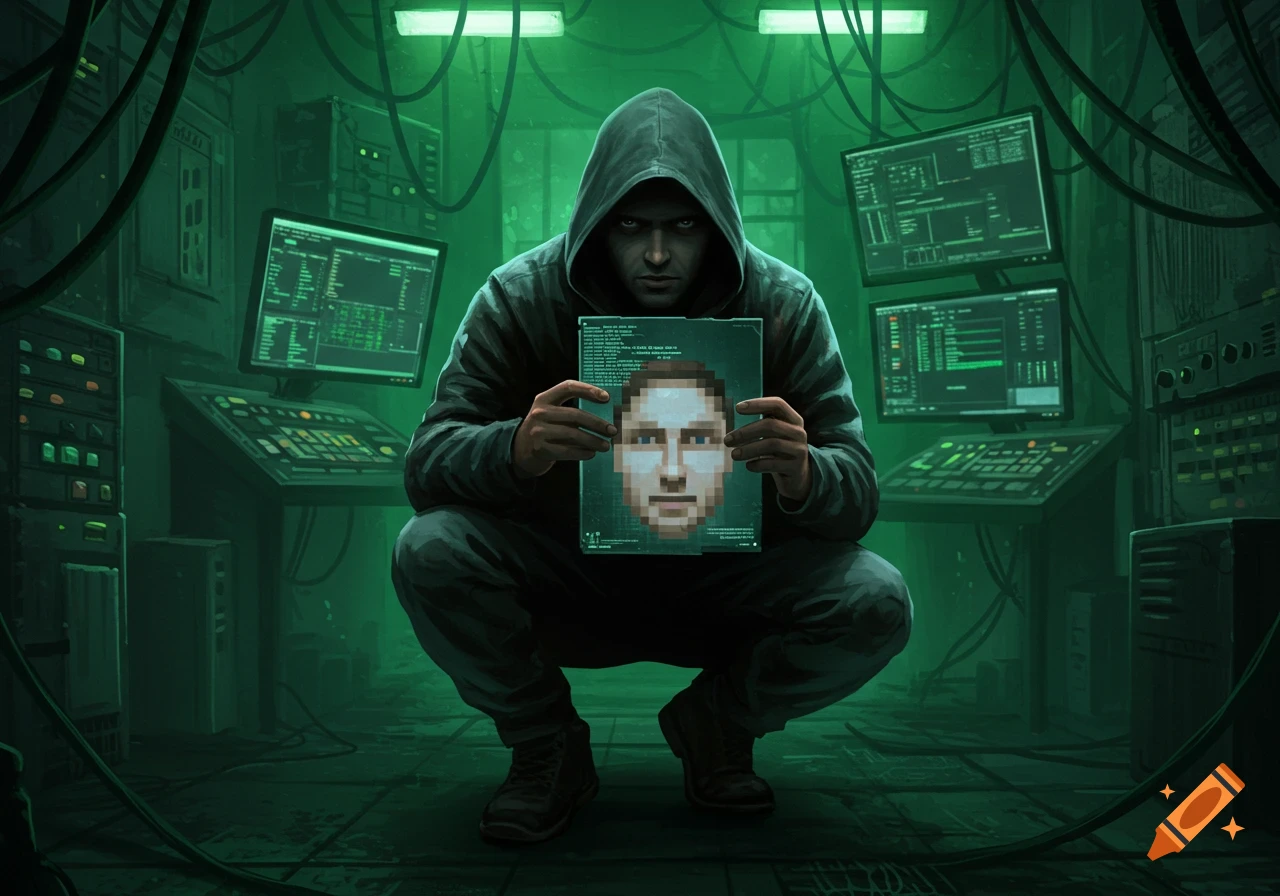 A hooded hacker in a dark, green-lit server room holds a pixelated face in front of his own.