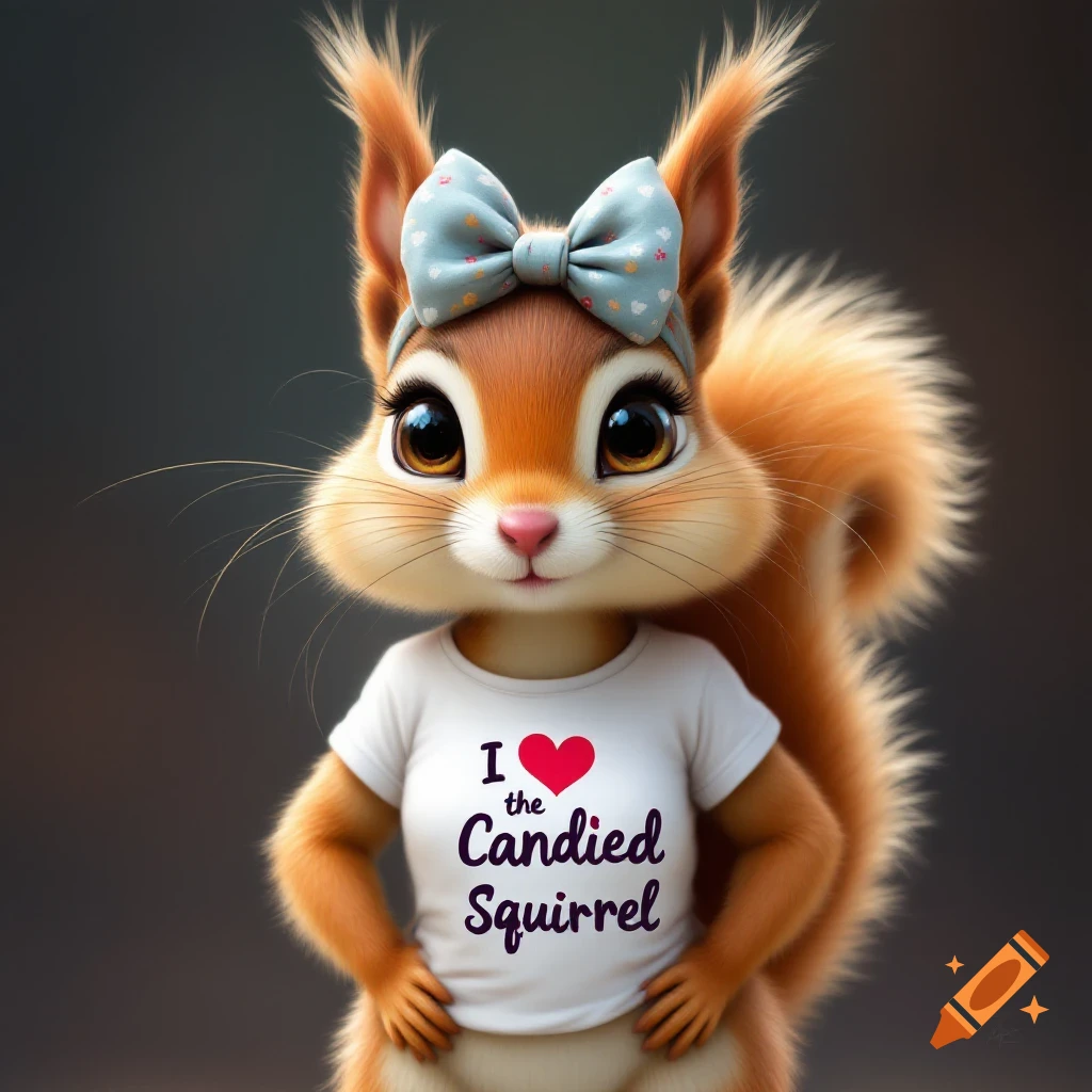 A cute cartoon squirrel wearing a blue polka dot bow and a white t-shirt that says 'I ❤️ the Candied Squirrel'.