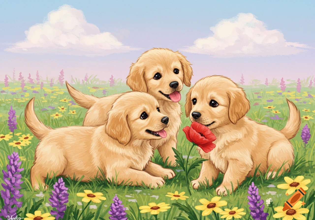 Three adorable golden retriever puppies in a vibrant field of yellow and purple wildflowers under a blue sky with clouds, in an illustrated style.