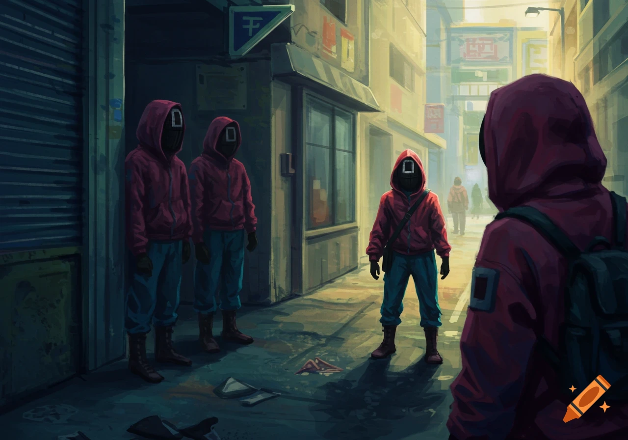 An illustration of several red-suited Squid Game guards with masked faces standing in a dark, atmospheric alleyway.