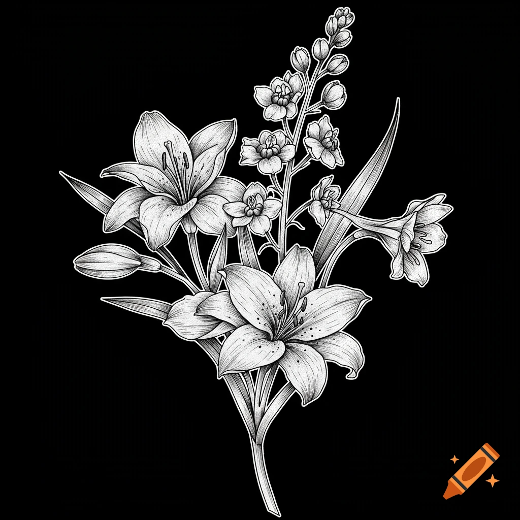 A detailed black and white botanical illustration of a bouquet with lilies and other flowers, designed in a tattoo style.