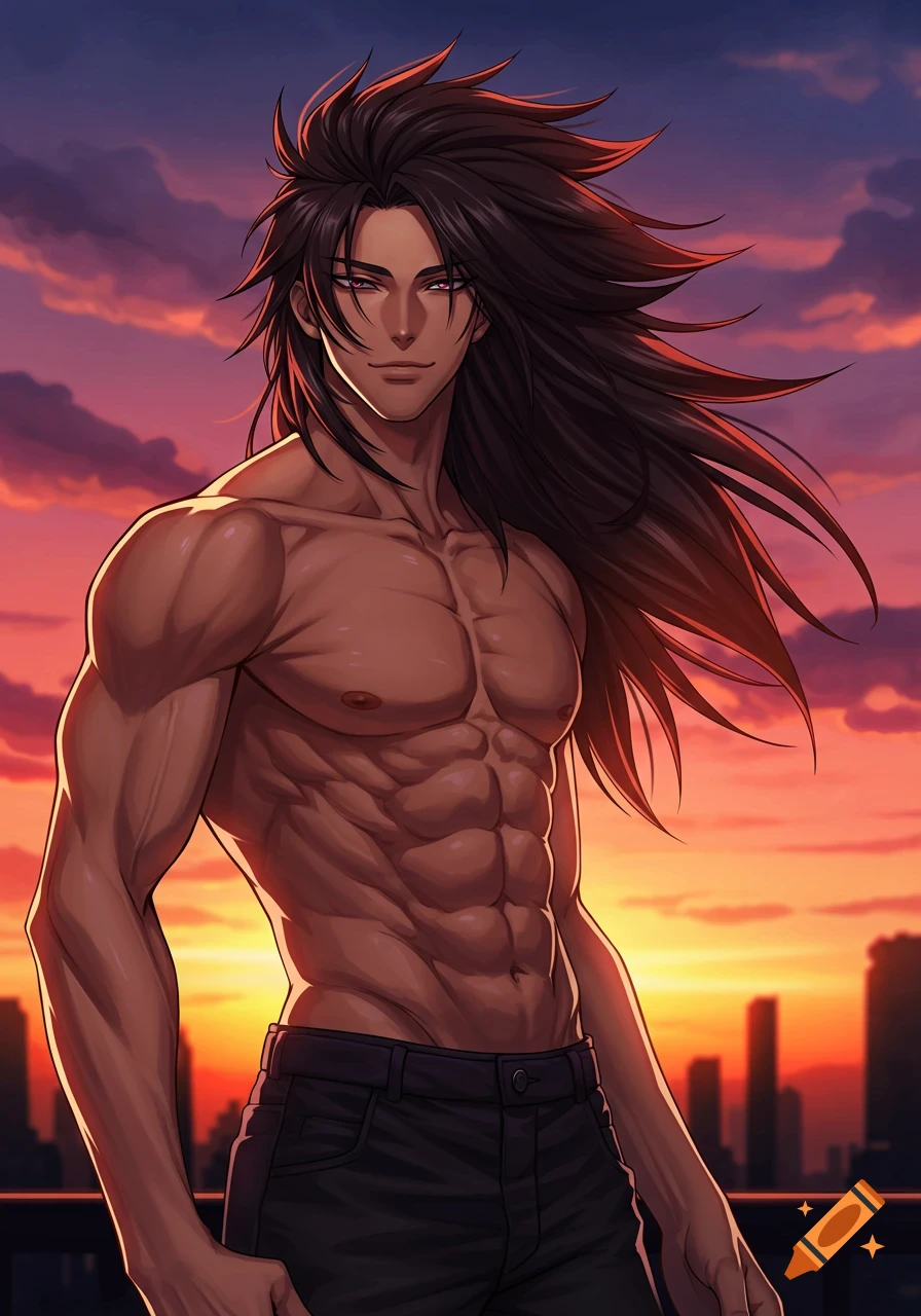 Anime-style muscular male character with long dark hair, shirtless, standing against a vibrant sunset cityscape.