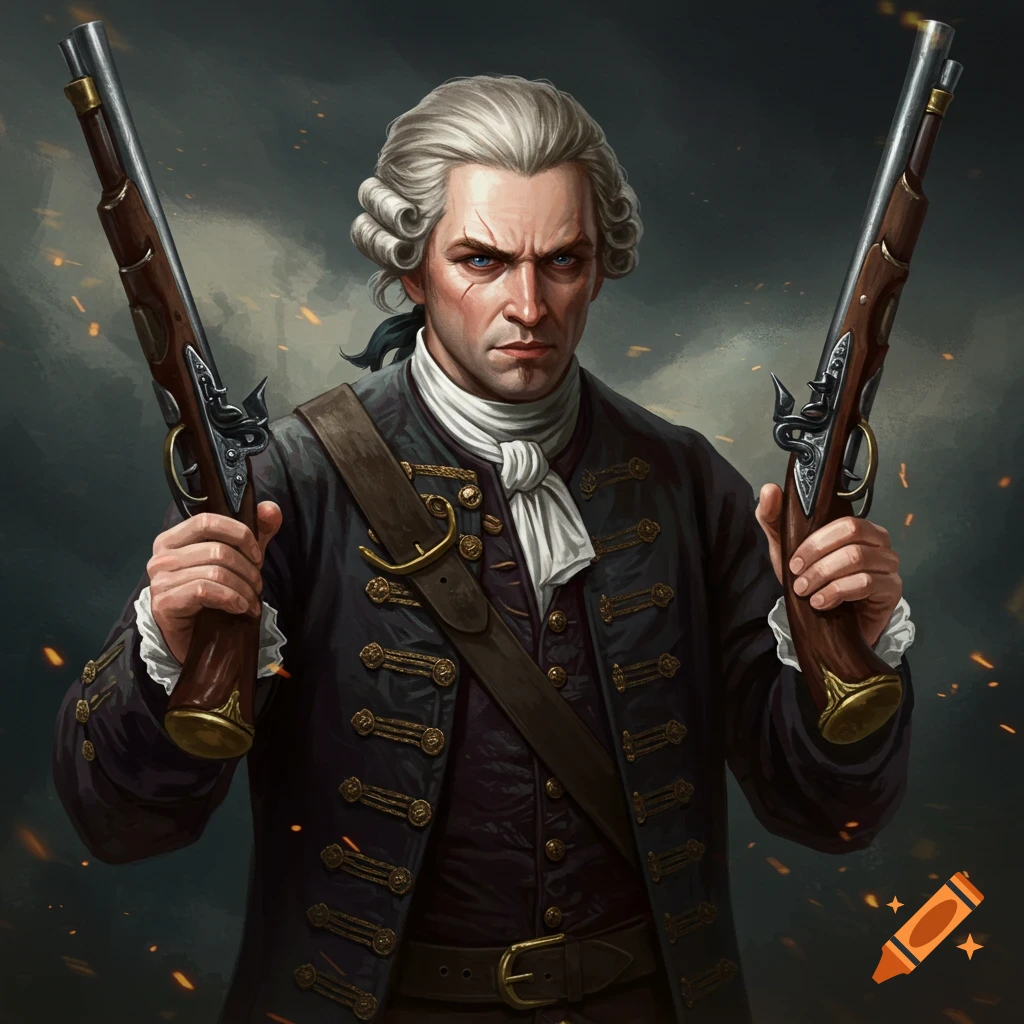 A stern man with white powdered hair in an 18th-century coat holds two flintlock pistols against a dark, stormy background.