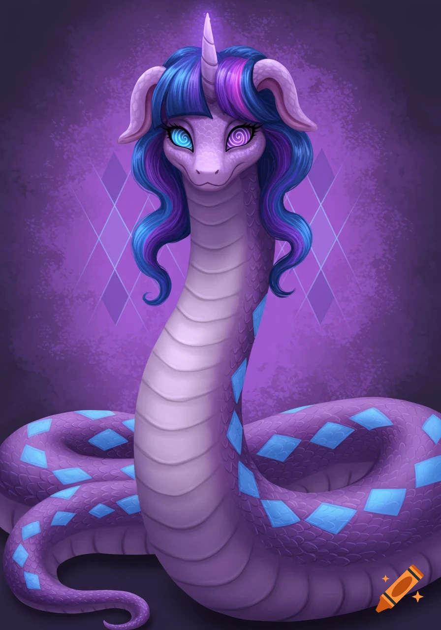 A purple lamia creature with blue and purple hair, a unicorn horn, and hypnotic spiral eyes, with blue diamond patterns on its snake body.