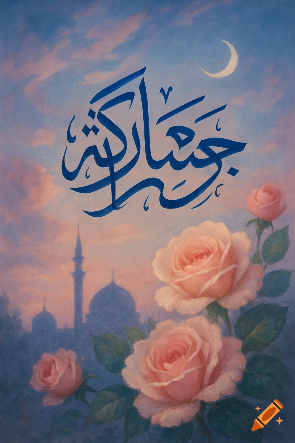 Blue Arabic calligraphy for 'Jummah Mubarakah' against a pastel pink and blue sky with a crescent moon, silhouetted mosque domes, and peach roses in the foreground.