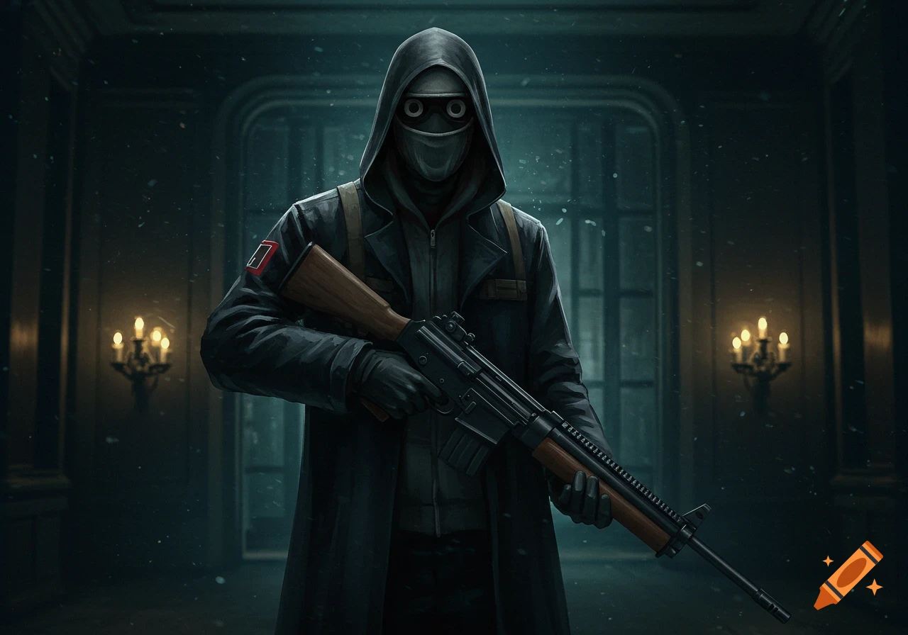 A masked and hooded figure wearing a long coat and goggles holds a rifle in a dark, mysterious room with candelabras, in a realistic style.