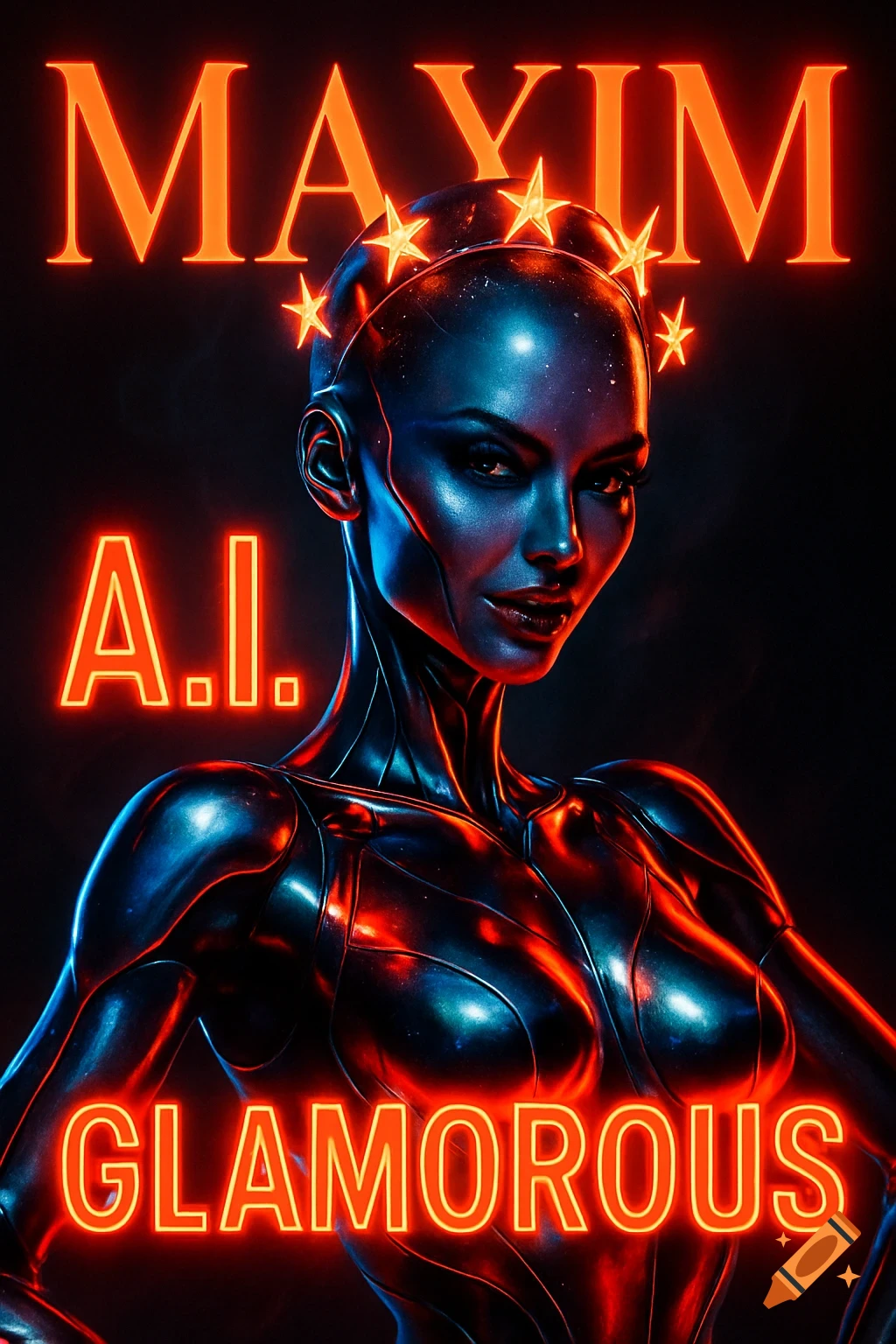 A sleek, neon-lit AI humanoid with a starry crown on a dark background, with glowing 'MAXIM', 'A.I.', and 'GLAMOROUS' text.