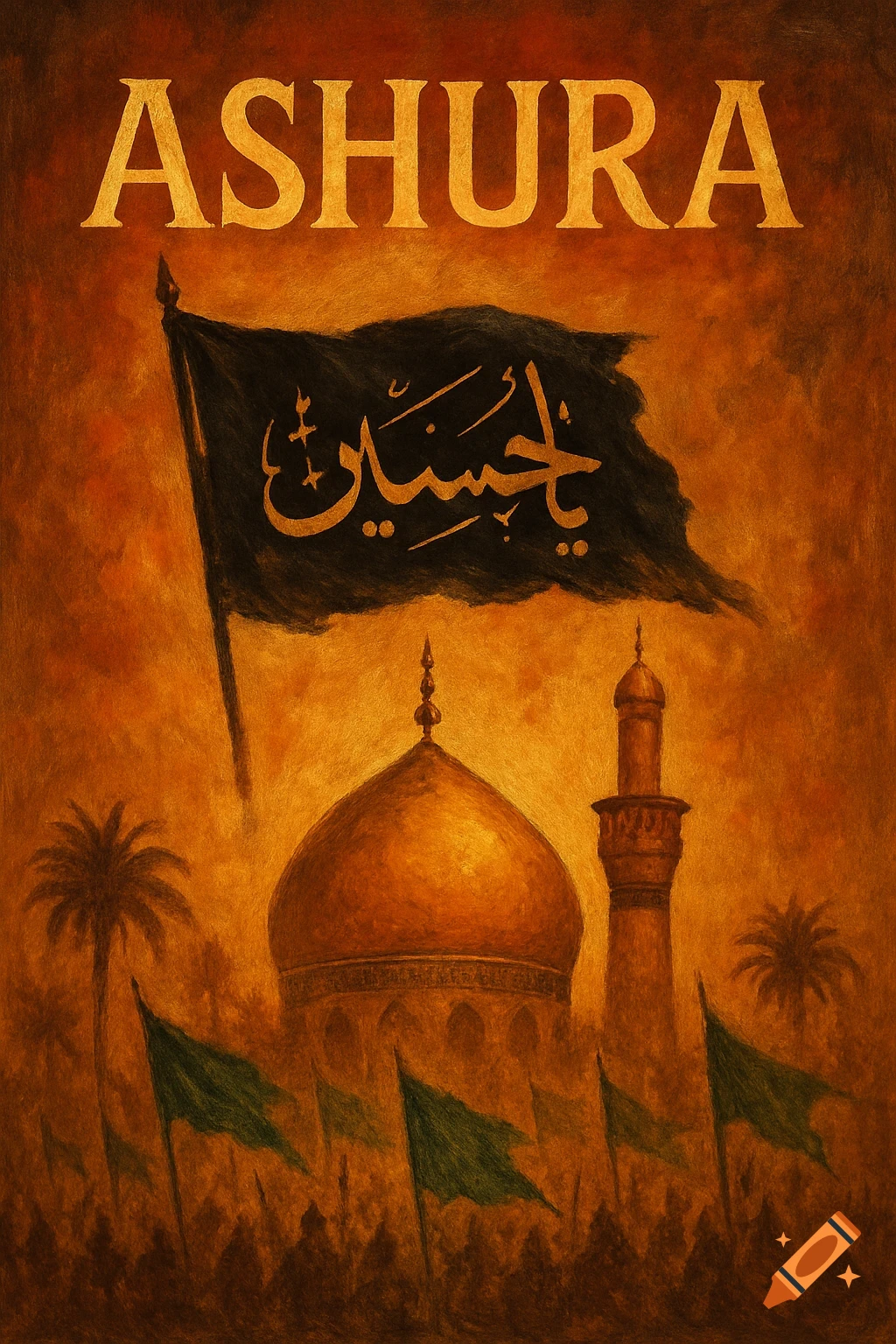 Digital painting of a mosque with a golden dome, minaret, palm trees, and a crowd under a black flag with Arabic calligraphy. 'ASHURA' in gold text at the top.