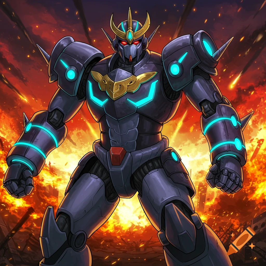 A powerful anime-style black and gold robot with glowing blue accents stands in a fiery, war-torn cityscape.