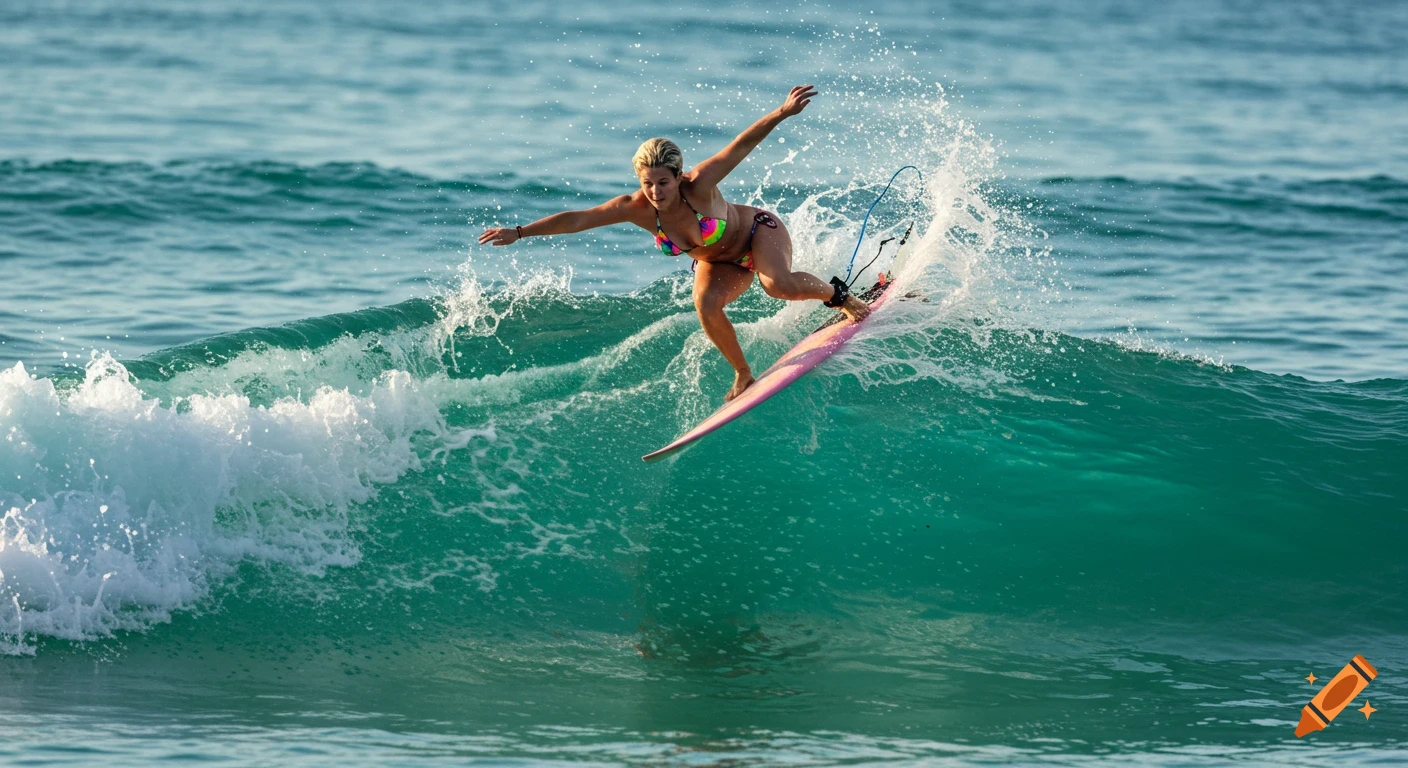 A blond woman in a colorful bikini surfs on a turquoise wave, water splashing around her.