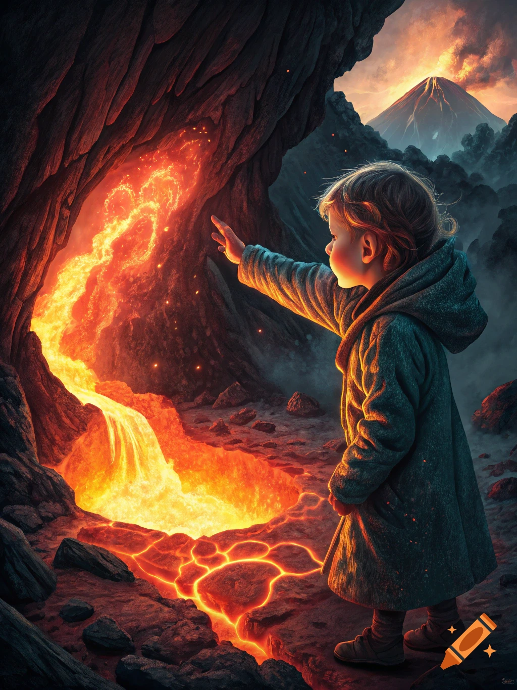 A child in a hooded coat reaches towards glowing lava flowing from a cave, with a volcano in the background at sunset.