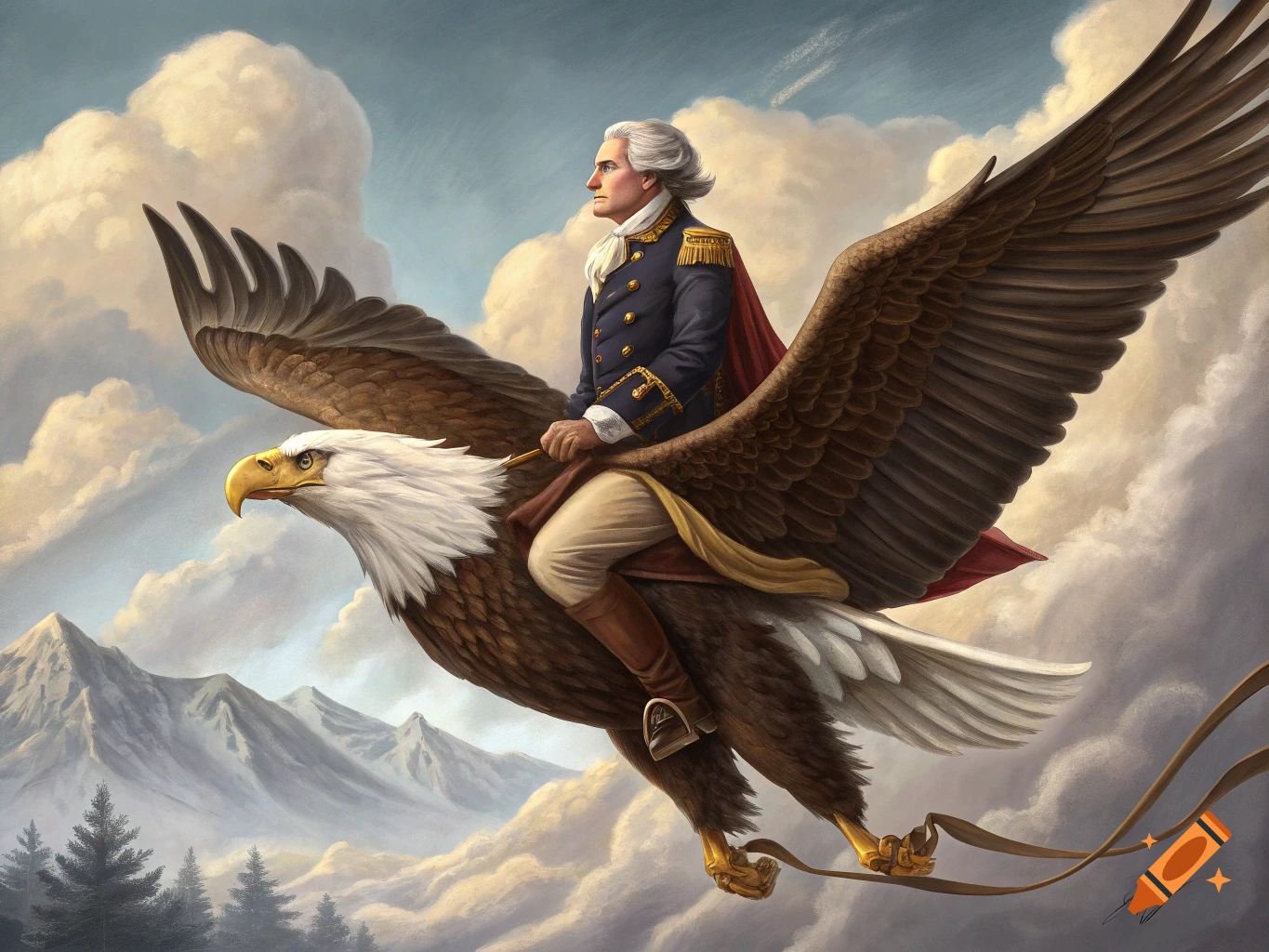 George Washington in a blue uniform and white wig rides a majestic bald eagle through a cloudy sky above snow-capped mountains.