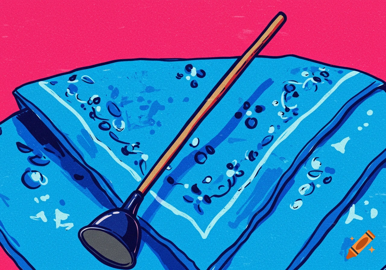 A blue plunger with a wooden handle rests on a folded blue bandana against a bright pink background, depicted in a graphic illustration style.