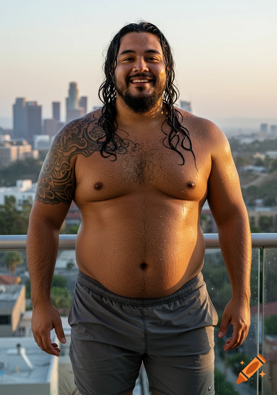 A smiling man with long wet hair and tattoos stands on a balcony overlooking a city skyline at sunset.