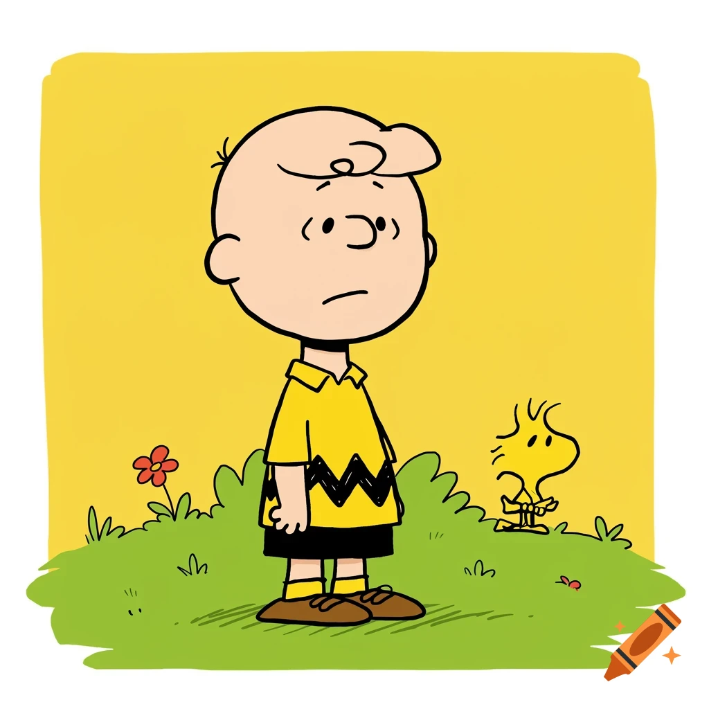 Charlie Brown stands in a grassy field looking sad, with Woodstock behind him, in a cartoon style.