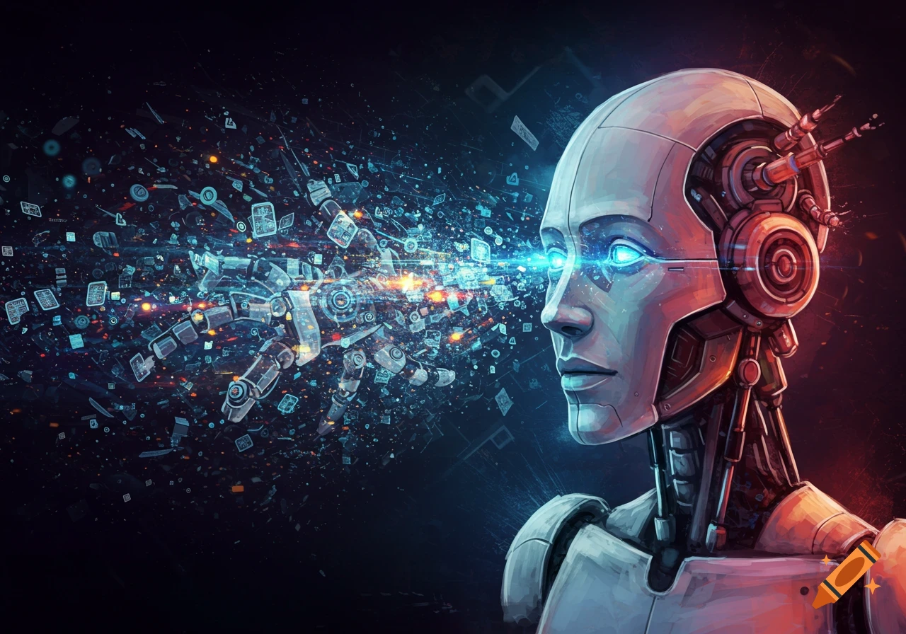 A humanoid robot with glowing blue eyes processes data and information fragments exploding outwards, against a dark, futuristic background.