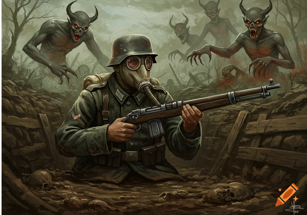 An illustrated scene of a World War 1 German soldier in a gas mask aiming a rifle in a muddy trench, surrounded by snarling horned demons.