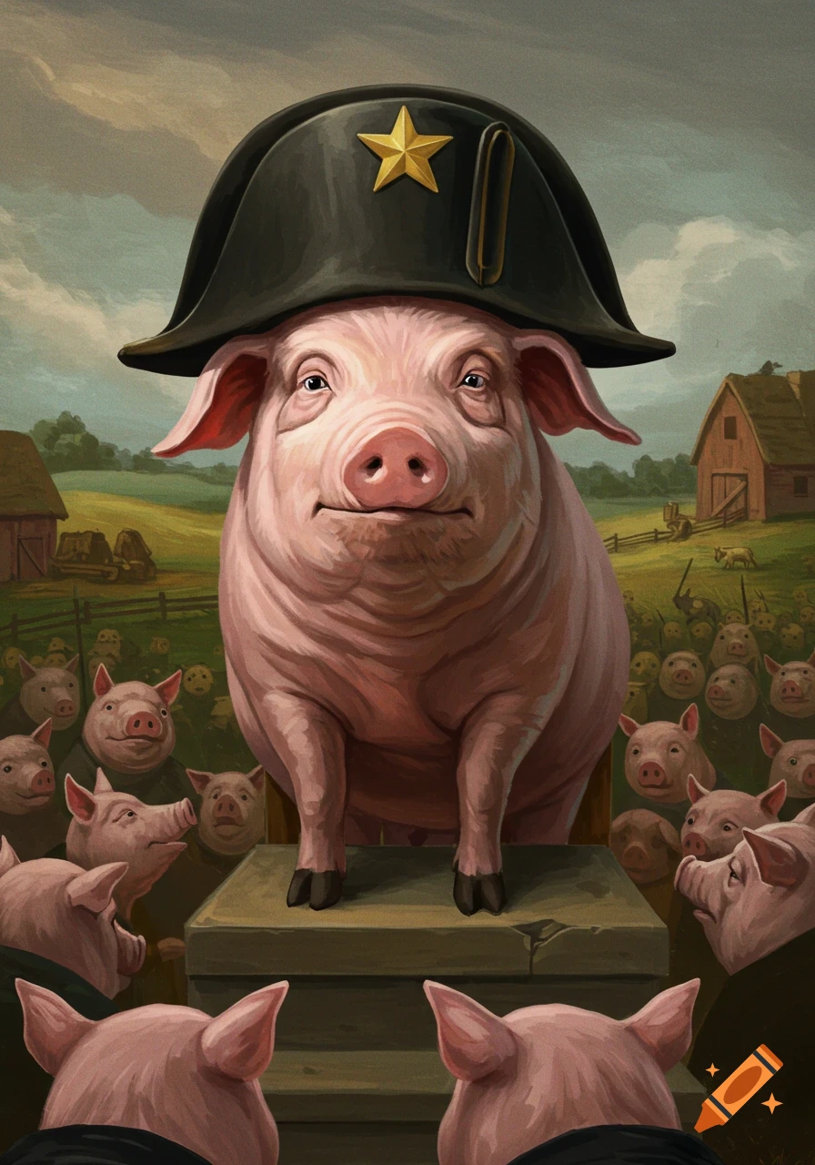 A large pig wearing a black bicorne hat with a gold star stands on a wooden podium, addressing a crowd of smaller pigs on a farm in a painterly style.