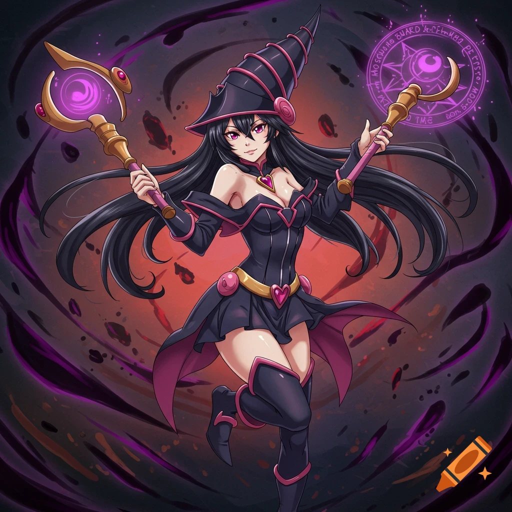 An anime-style Dark Magician Girl stands dynamically, holding two magical staffs with glowing purple energy, against a dark and red background.