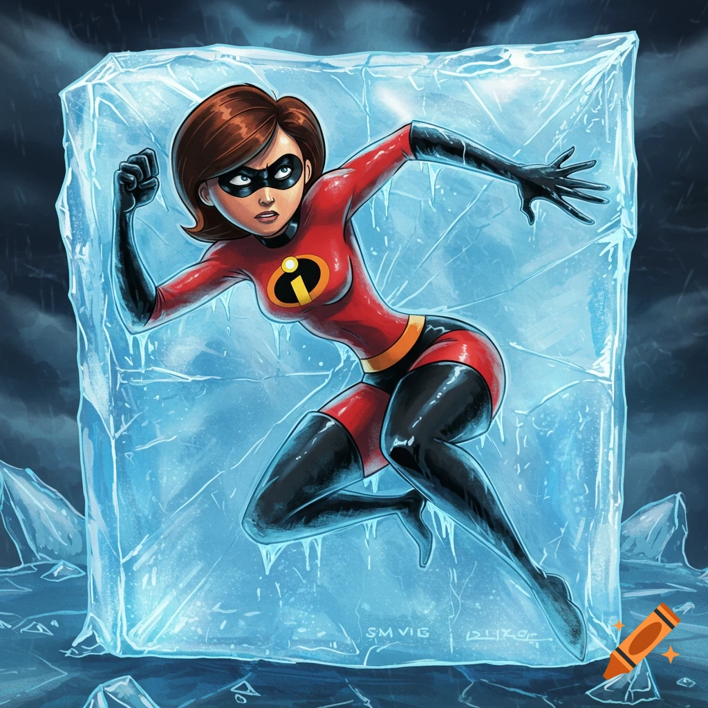 Elastigirl from The Incredibles, in her red superhero suit, frozen in a large block of ice, in comic art style.